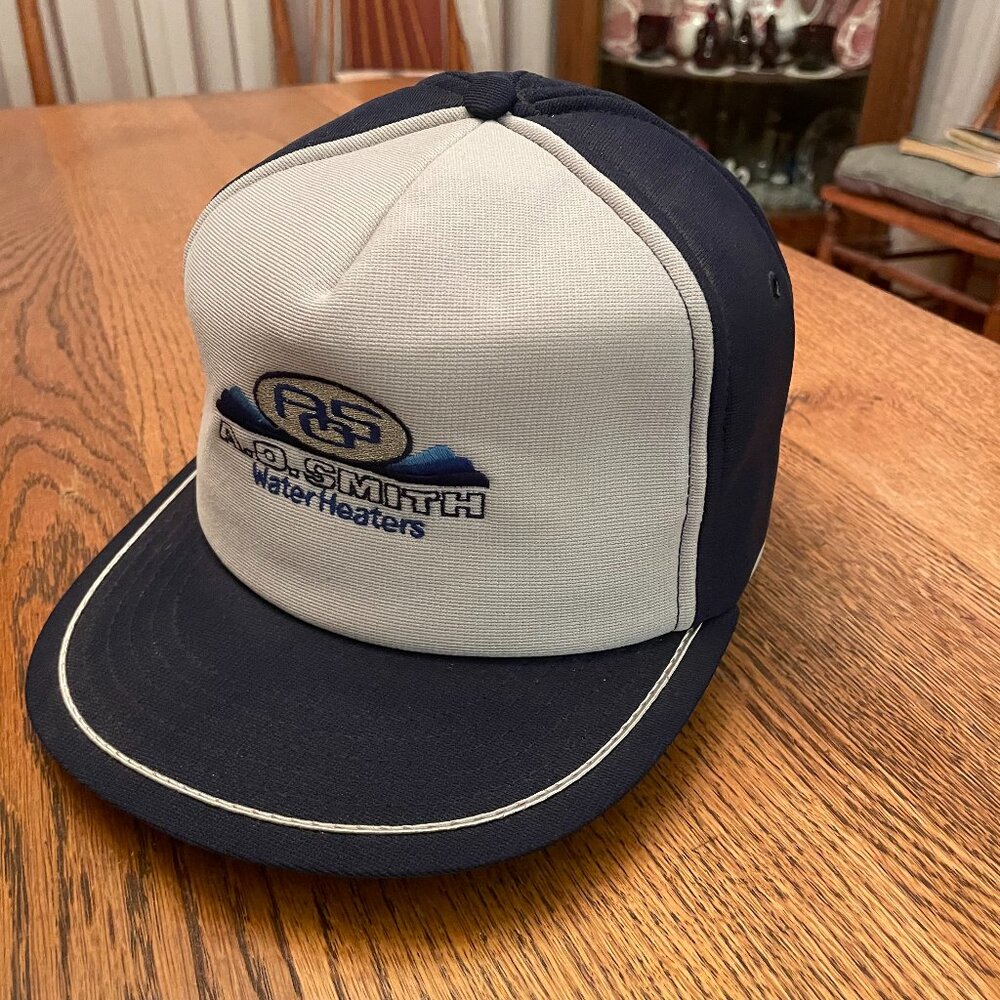 Vintage A.O. Smith Water Heaters White/Blue Snapback Baseball Hat Made in USA